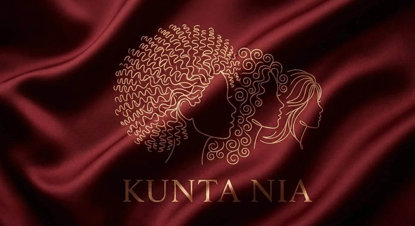 Kunta Nia logo: gold line-art profiles with curly hair on burgundy satin