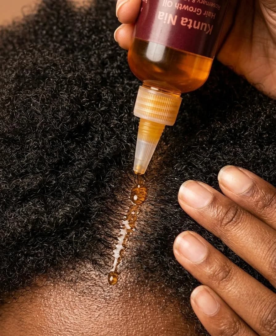 Oil being applied with a dropper bottle along a parting in natural hair